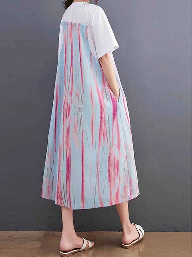Cotton Tie-Dye Print Short Sleeves Midi Dress