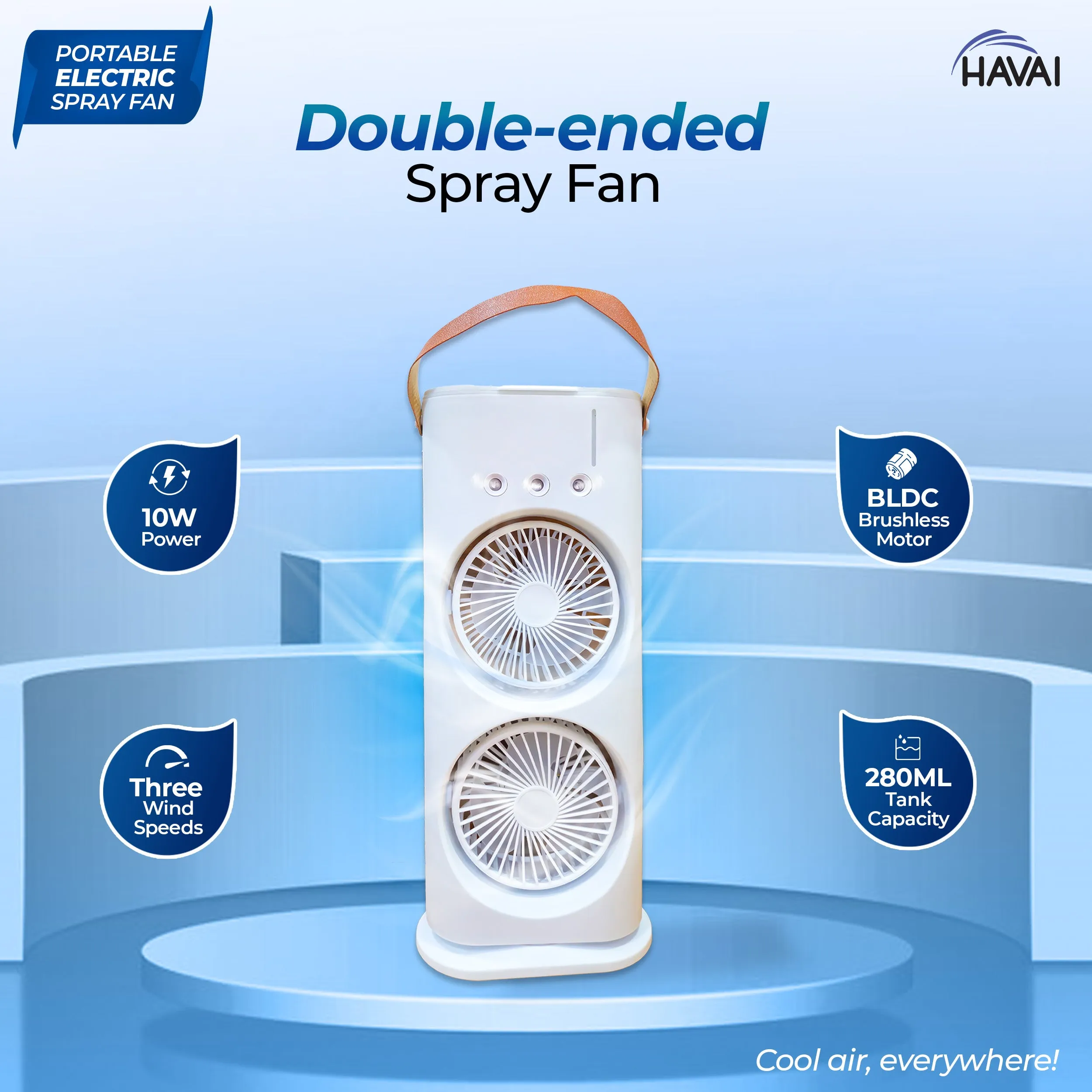 HAVAI Portable Double-Ended Spray Fan with BLDC Motor, 3 Wind Speeds, 280ml Water Tank, and 10W Power - Rechargeable Mist Fan for Cool Air - Single Person