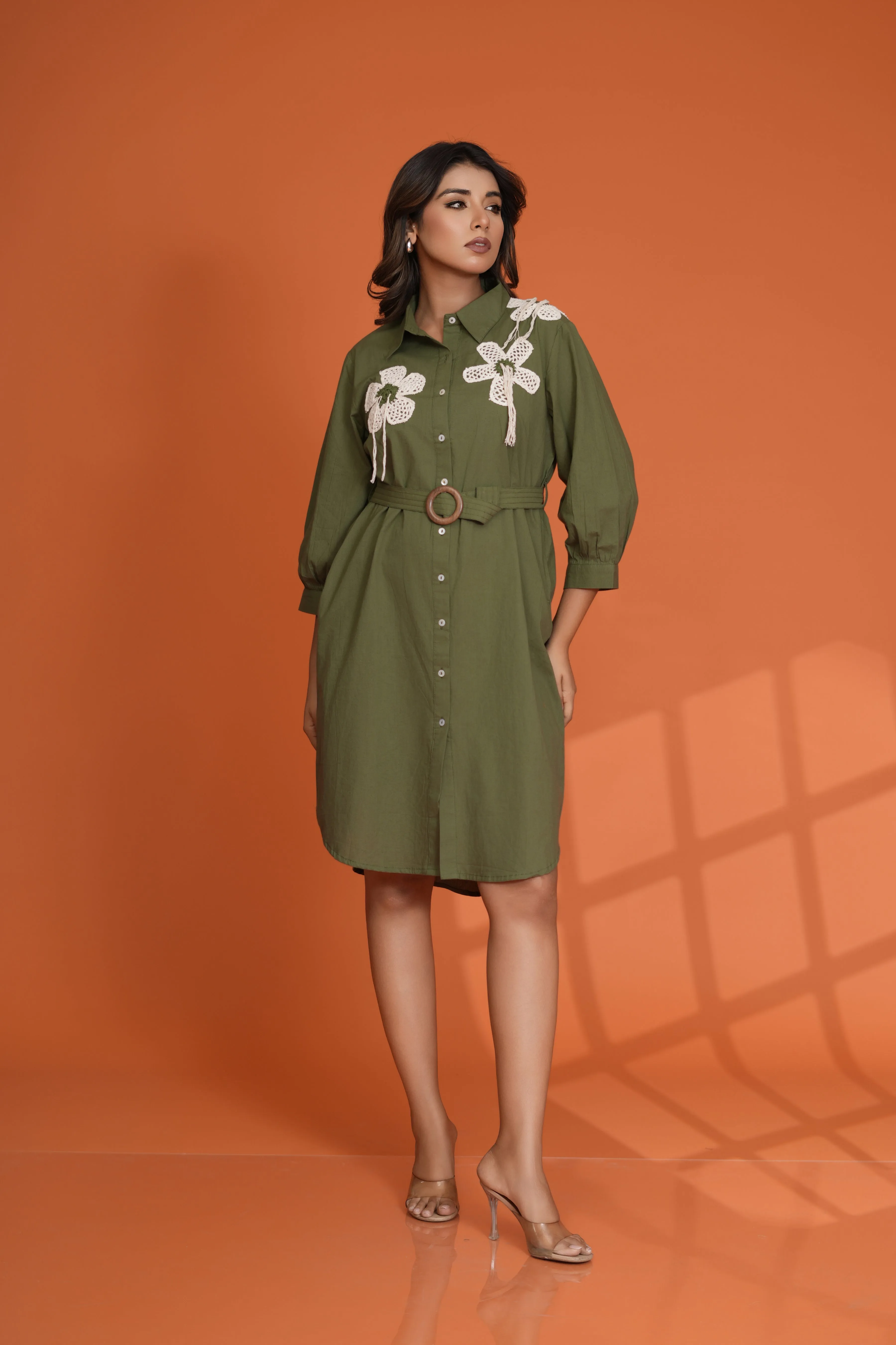 Olive Green Crochet Flower Patch Mini Dress in Cotton Cambric