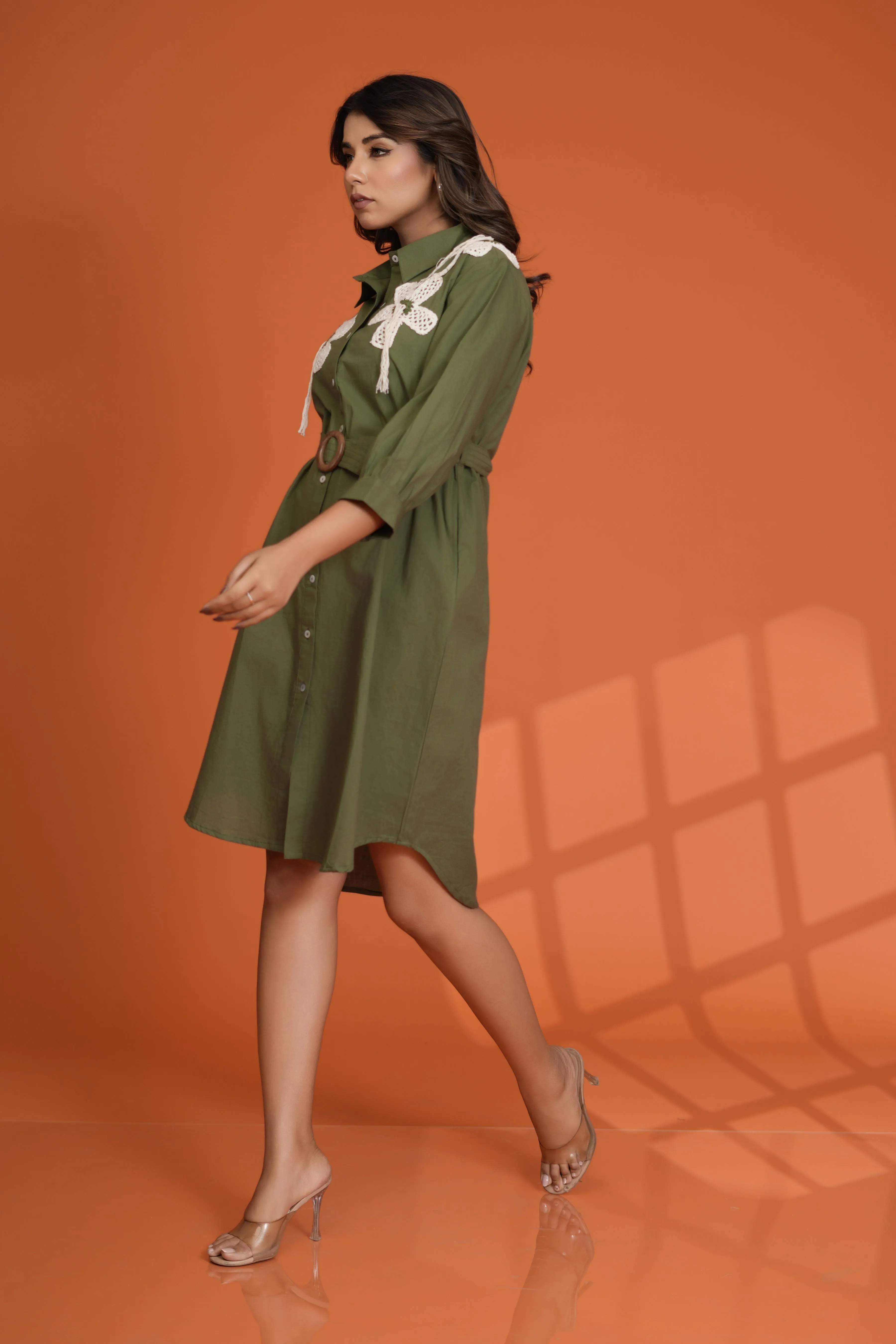 Olive Green Crochet Flower Patch Mini Dress in Cotton Cambric