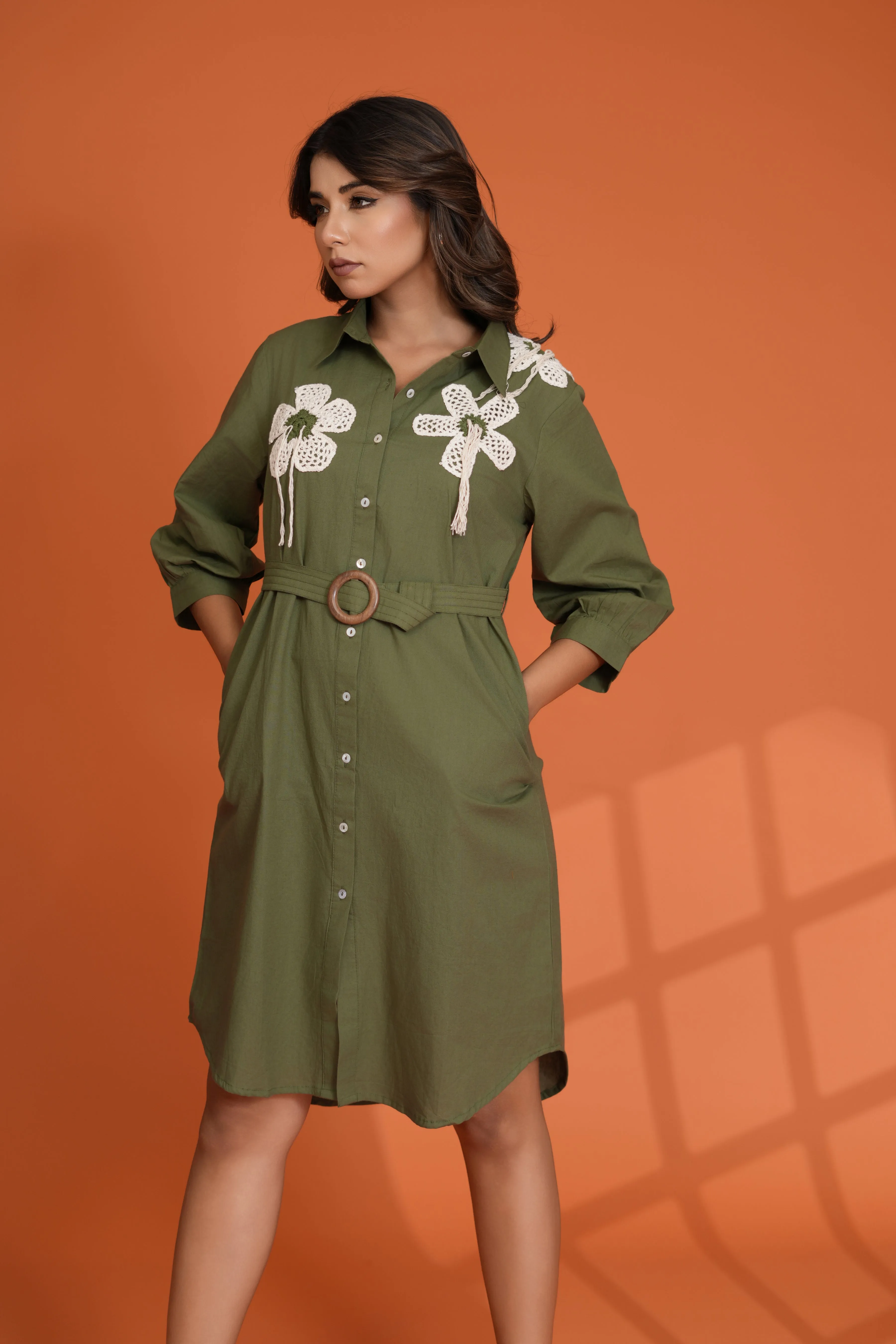 Olive Green Crochet Flower Patch Mini Dress in Cotton Cambric