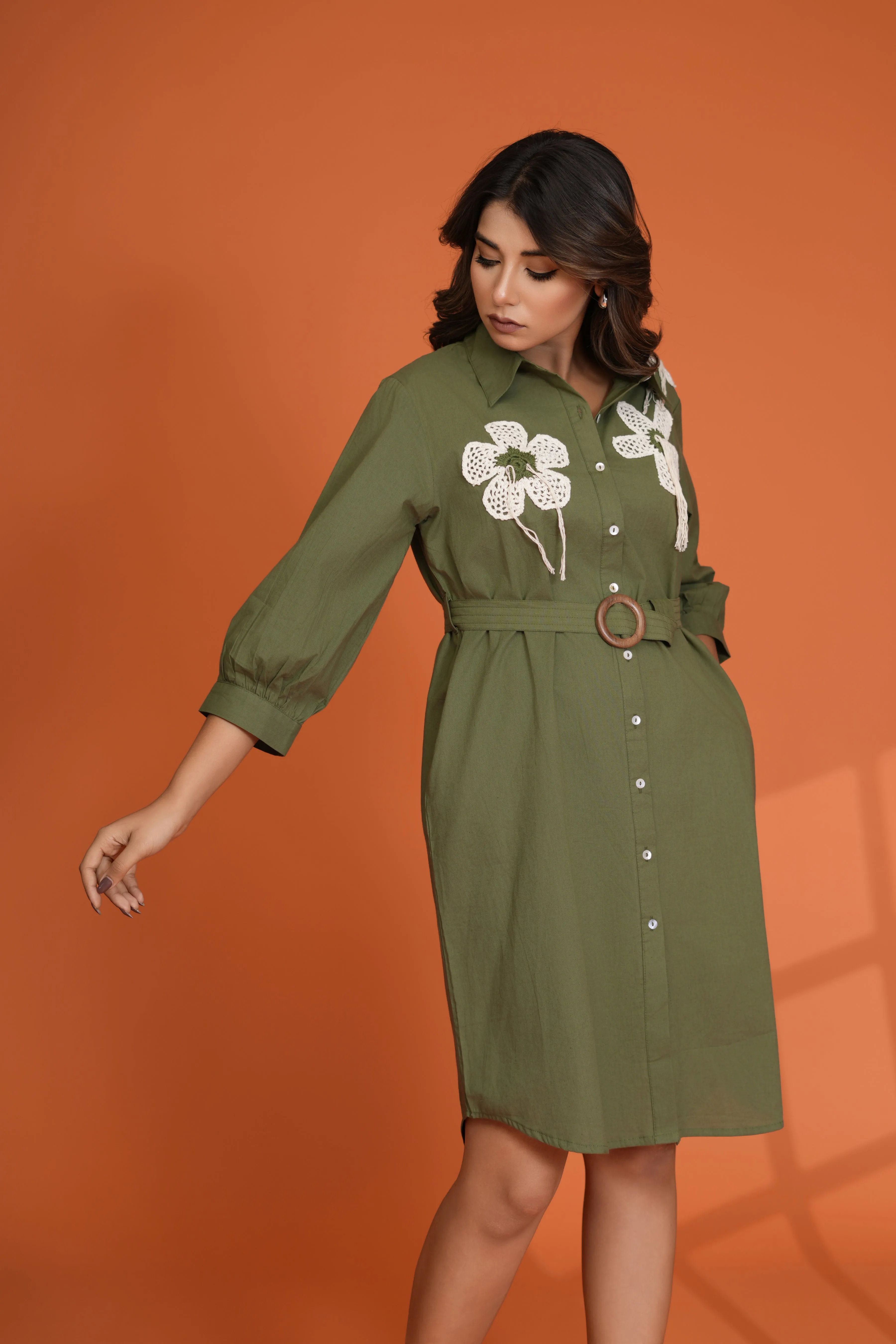 Olive Green Crochet Flower Patch Mini Dress in Cotton Cambric