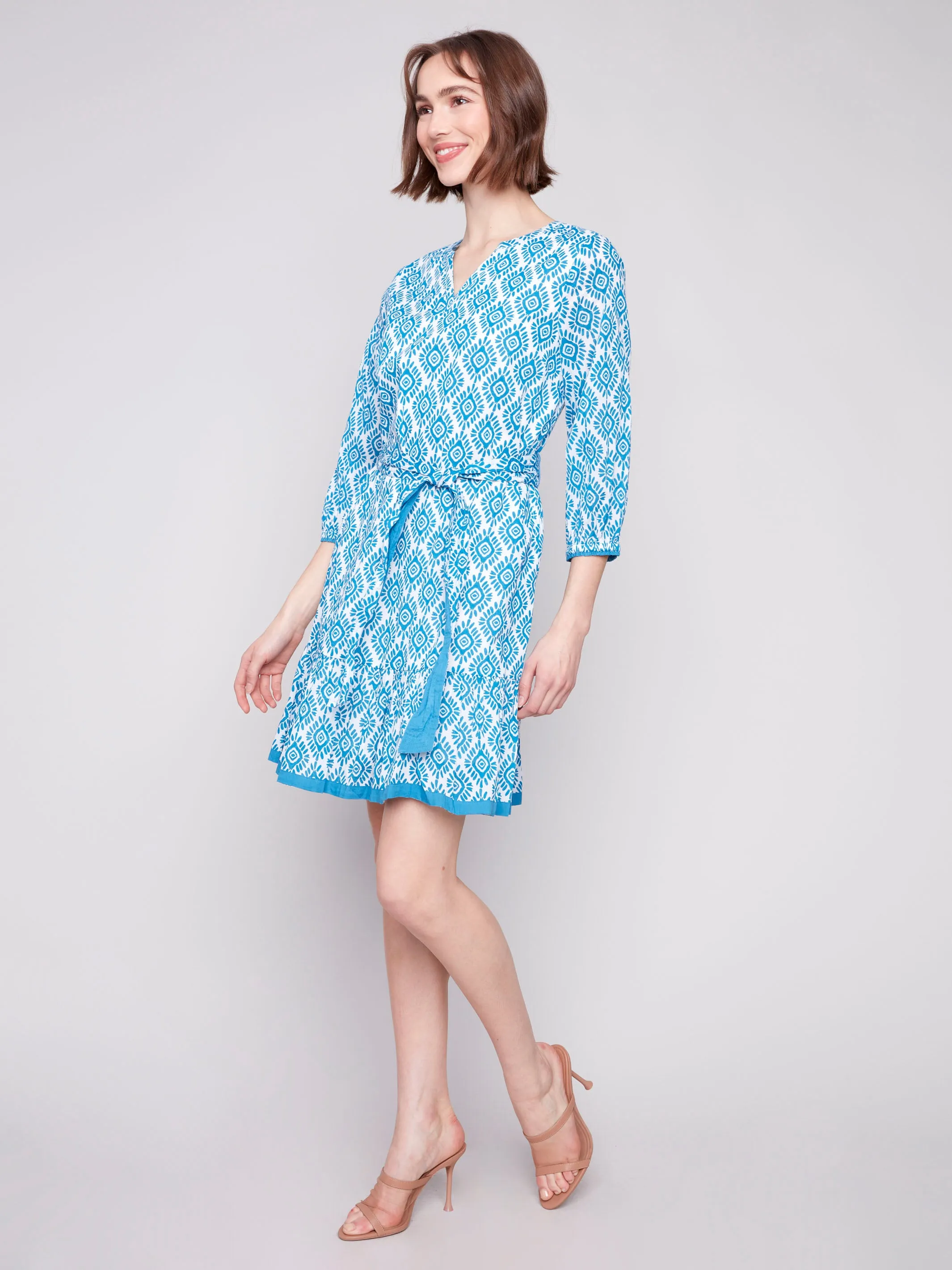 Printed Cotton Dress with Belt - Sun
