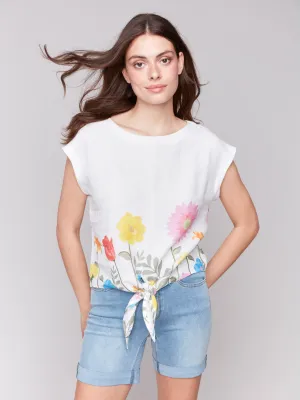 Printed Linen Blend Tie-Front Blouse - Summer
