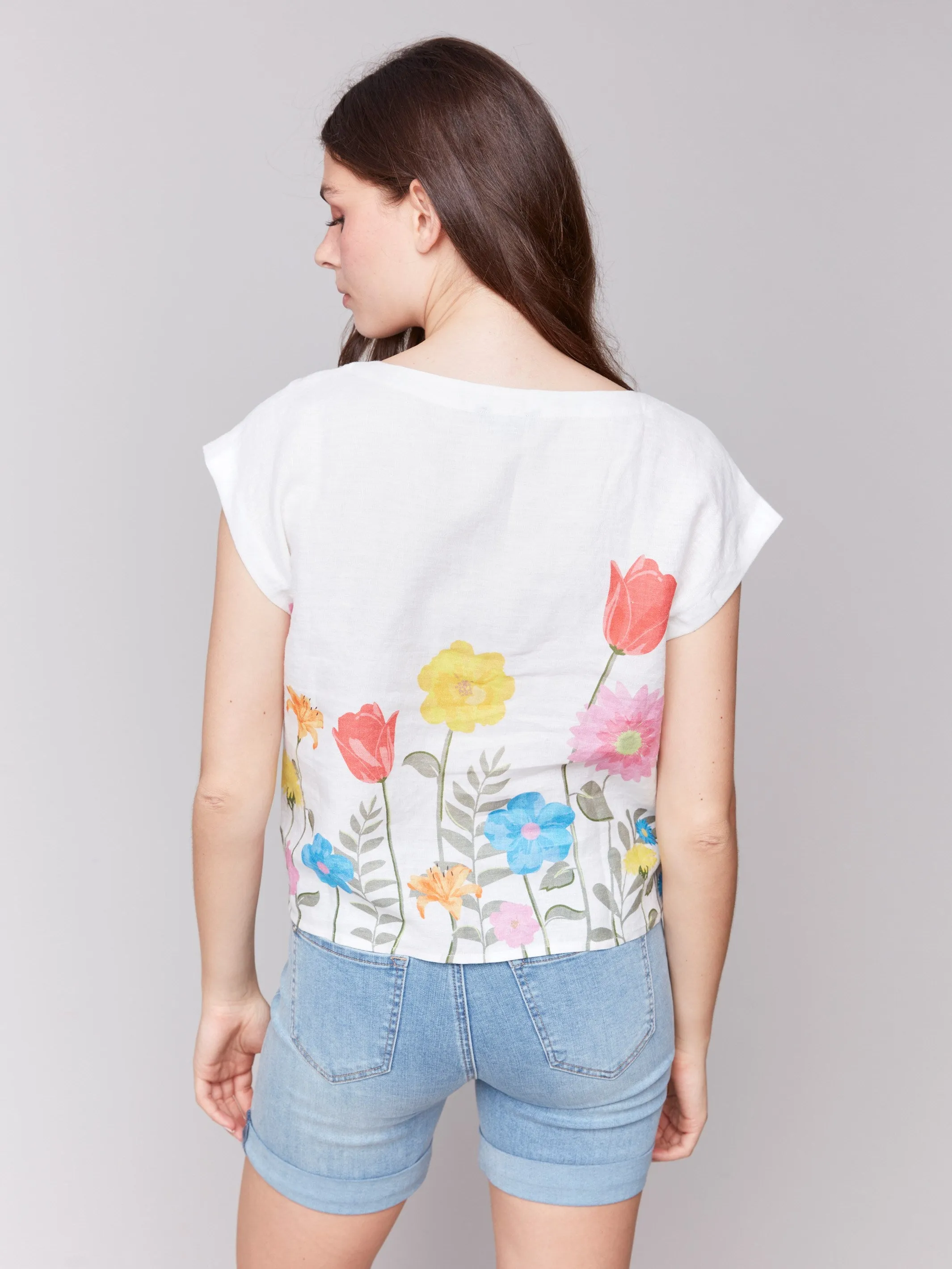 Printed Linen Blend Tie-Front Blouse - Summer