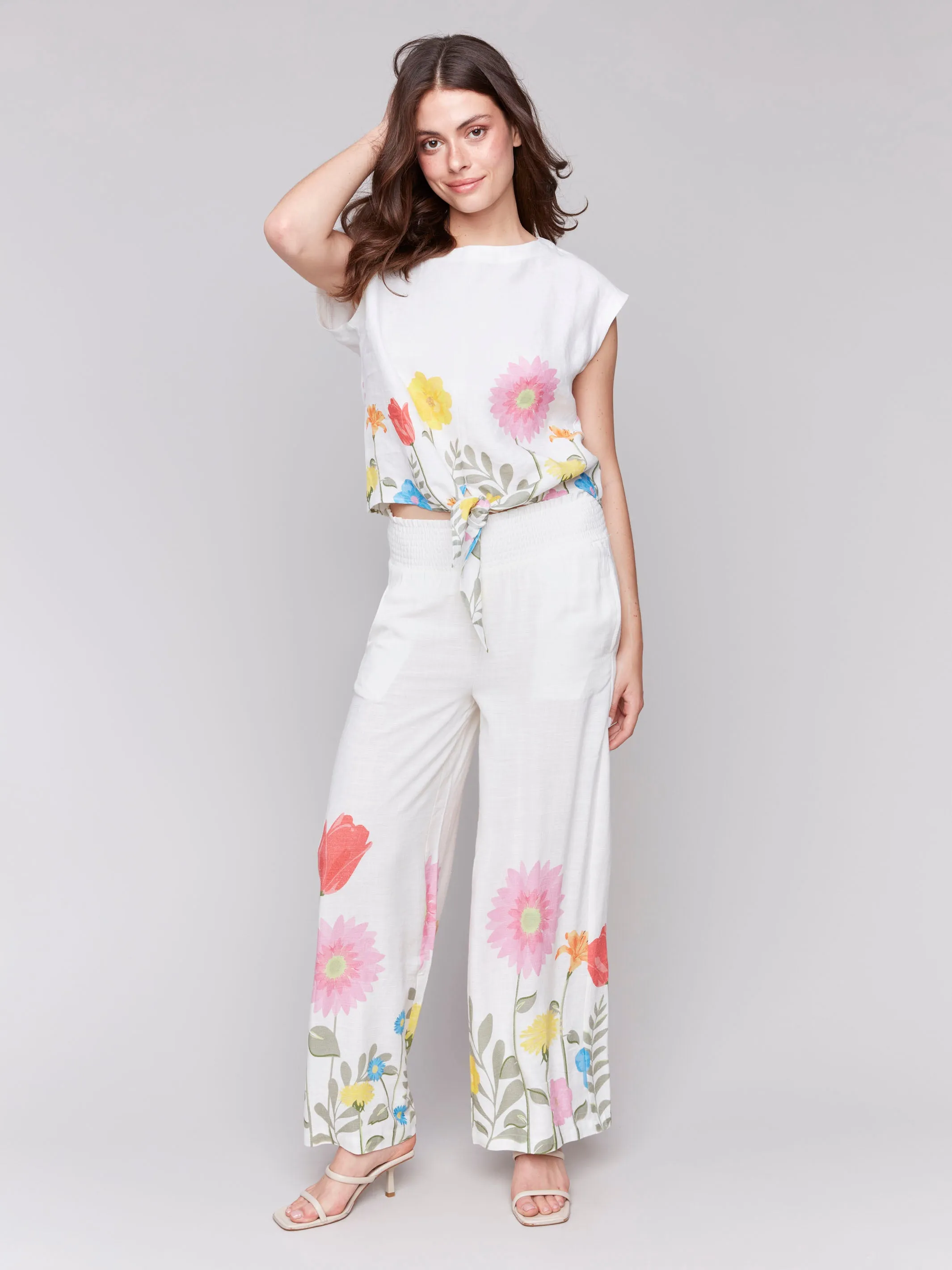 Printed Linen Blend Tie-Front Blouse - Summer