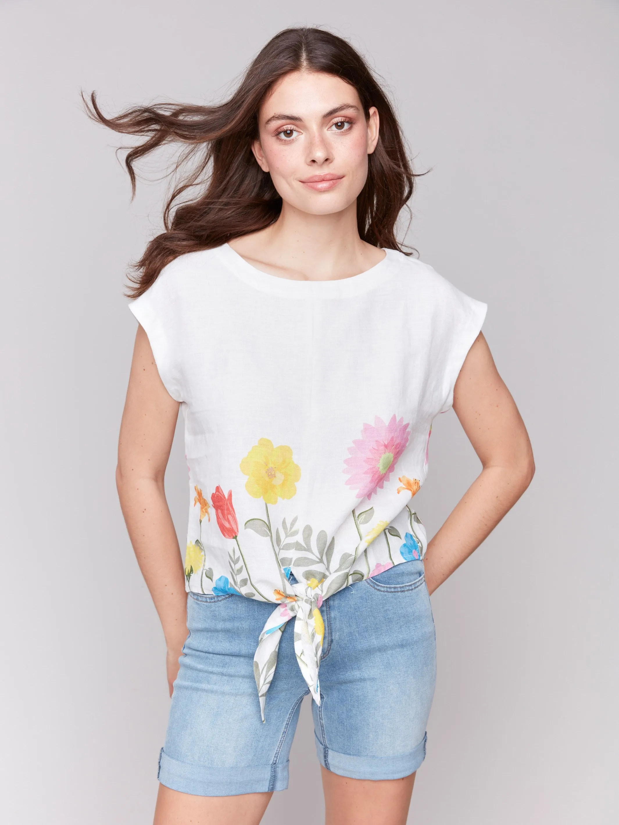 Printed Linen Blend Tie-Front Blouse - Summer