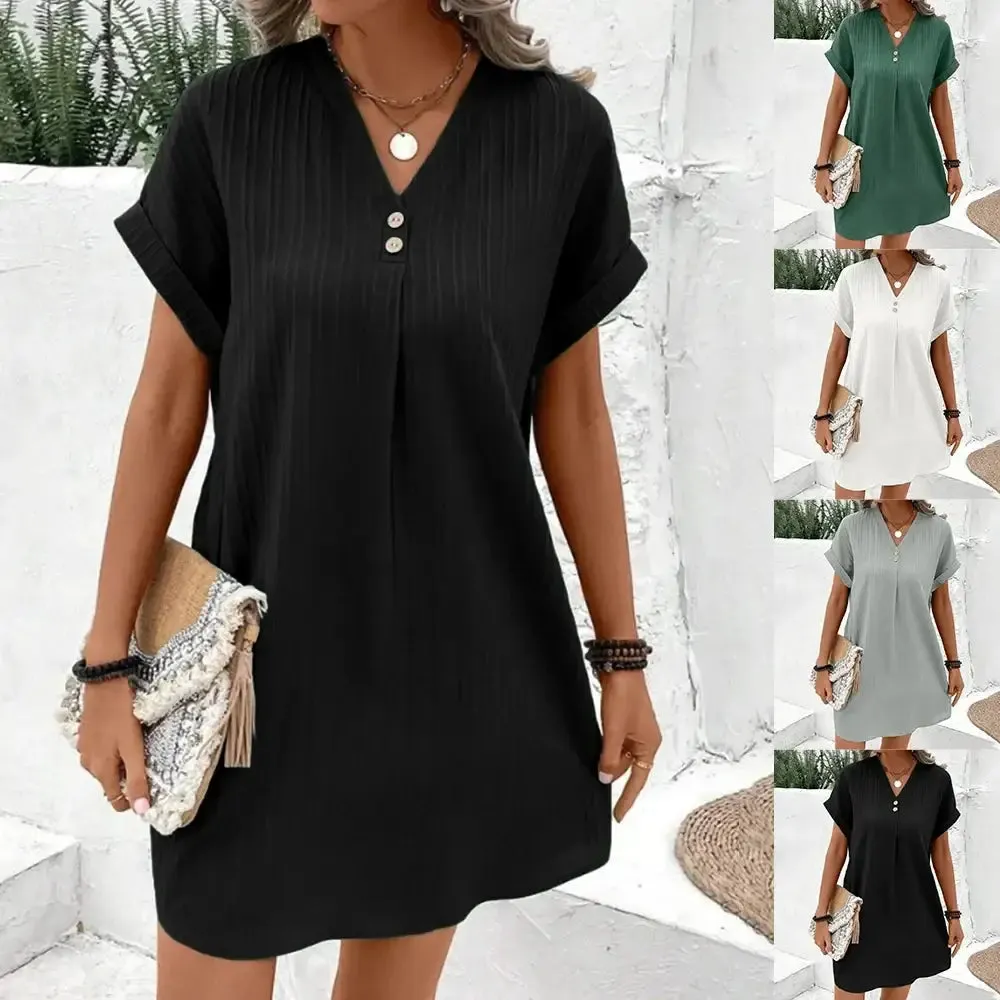 Womens V Neck Short Sleeve Loose T-Shirt Dress - Plus Size Beach Sundress 2024